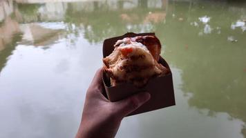 hand- Holding ei geroosterd brood met saus en mayonaise Aan vis vijver achtergrond 03 foto