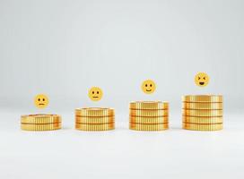 3d munten stack Aan wit achtergrond. besparing geld en investering met concept stack van gouden munten en emoji pictogrammen. 3d weergave. foto