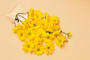 klein geel bloemen gieten uit van een klein beige envelop foto