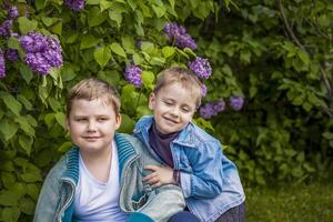 een jongen poses in de buurt een weelderig lila. portret van kinderen met een interessant gelaats uitdrukking. interacties. selectief focus. foto