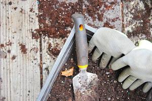 fabriek potten met bodem bereid voor aanplant en handschoenen, augurk geplaatst Aan een houten balkon verspreide met bodem. foto