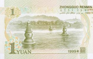 drie zwembaden spiegelen de maan in west meer, Hangzhou Aan China 1 yuan 1999 bankbiljet foto