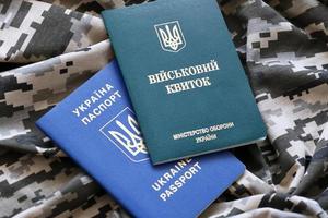 oekraïens leger ID kaart en buitenlands paspoort Aan kleding stof met structuur van korrelig camouflage. kleding met camo patroon in grijs, bruin en groen vormen met oekraïens leger persoonlijk token en paspoort. foto