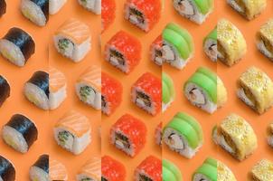 collage met verschillend types van Aziatisch sushi broodjes Aan oranje achtergrond. minimalisme top visie vlak leggen patroon met Japans voedsel foto