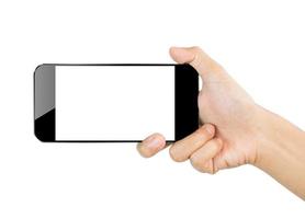 close-up hand houden smartphone mobiel geïsoleerd wit uitknippad binnen foto