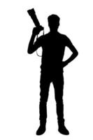 silhouet van fotograaf. vol lengte silhouet van Mens Holding digitaal camera terwijl staand geïsoleerd Aan wit foto