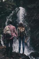 versteld staan door de schoonheid van natuur. vol lengte achterzijde visie van jong paar Holding handen terwijl staand in de buurt de waterval foto