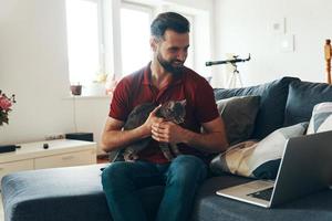 knap jong Mens in gewoontjes kleding bonding met huiselijk kat en glimlachen terwijl uitgeven tijd binnenshuis foto