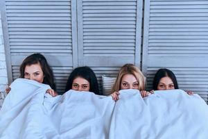 aan het kijken verschrikking film. top visie van vier mooi jong Dames aan het bedekken gezicht met wit deken en op zoek Bij camera terwijl aan het liegen in de bed foto