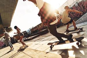 het schaatsen is hun leven. groep van jong mensen skateboarden terwijl hangende uit Bij de vleet park buitenshuis foto