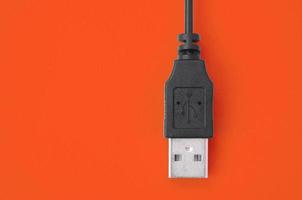 zwart USB plug leugens Aan een helder rood achtergrond. foto