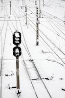 winter spoorweg landschap, spoorweg sporen in de met sneeuw bedekt industrieel land foto