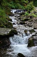 detailopname beeld van een klein wild waterval in de het formulier van kort streams van water tussen berg stenen foto