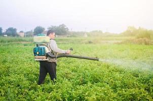 een boer met een de nevel sproeier blazer processen de aardappel plantage van ongedierte en schimmel infectie. gebruik van landbouw industrieel Chemicaliën naar beschermen gewassen. bescherming en zorg. fumigator vernevelaar. foto