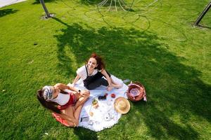 twee Dames hebben picknick samen, zittend Aan de plaid foto