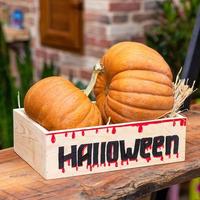 halloween pompoenen in een houten doos foto
