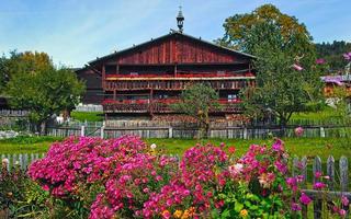 traditioneel, alpine boerderij met tuin foto