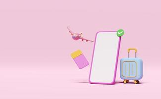 3d mobiel telefoon met koffer, reizigers bagage, smartphone, pin, controleren merken icoon geïsoleerd Aan roze. lucht ticket boeken, zomer reis, online hotel reservering onderhoud concept, 3d geven illustratie foto