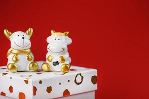 nieuw jaar speelgoed- van een stier en een koe met een geschenk Aan een rood achtergrond. foto