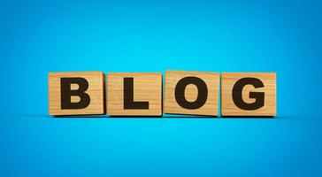 blog symbool. woord blog Aan houten kubussen Aan blauw achtergrond 3d illustratie foto