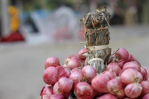 sjalotten nog steeds Aan hout achtergrond foto