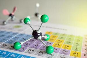 simuleren vorm van covalent moleculen Aan een periodiek tafel achtergrond. zacht en selectief focus. foto