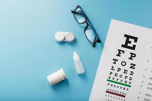 bril met contact lenzen, druppels en een optometrist oog test tabel Aan een blauw achtergrond. foto