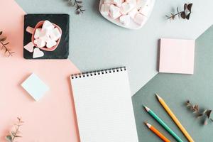 blanco kladblok, potloden, schrijven papier en marshmallows Aan een gekleurde achtergrond. top visie. foto