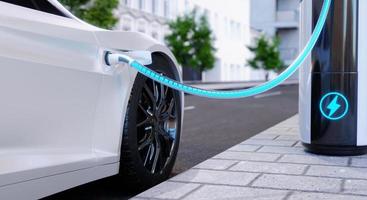 hoge snelheid opladen station voor elektrisch voertuigen Aan stad straten met blauw energie accu opladen. brandstof macht en vervoer industrie concept. 3d illustratie renderen foto