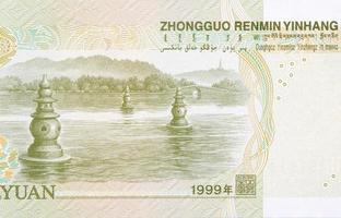 drie zwembaden spiegelen de maan in west meer, Hangzhou Aan China 1 yuan 1999 bankbiljet foto