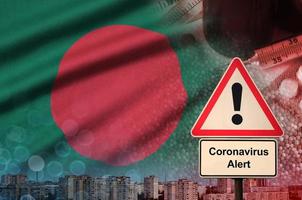 Bangladesh vlag en coronavirus 2019-ncov alarm teken. concept van hoog waarschijnlijkheid van roman coronavirus het uitbreken door op reis toeristen foto