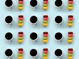 een patroon van veel kleurrijk toetje taart bitterkoekjes en koffie cups Aan modieus pastel blauw achtergrond top visie. vlak leggen samenstelling foto