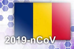 Tsjaad vlag en futuristische digitaal abstract samenstelling met 2019-ncov inscriptie. covid-19 het uitbreken concept foto