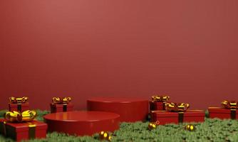 3d rood podium met rood geschenk doos met goud lint en goud Kerstmis decoratie Aan 3d renderen foto