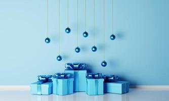 3d renderen realistisch Kerstmis geschenk doos met hangende blauw decoratie in blauw kamer. Kerstmis concept Aan 3d geven foto