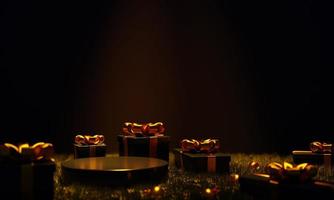 3d renderen podium tafereel Aan laag licht met Kerstmis decoratie en geschenk doos. Kerstmis concept Aan 3d geven foto