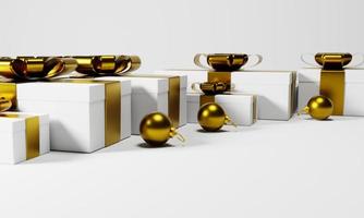 wit geschenk doos met goud lint Aan wit achtergrond Aan 3d renderen foto
