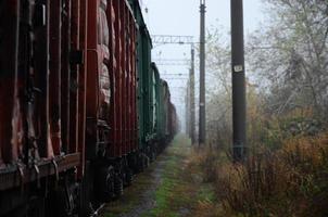foto van de trein Aan regenachtig bewolkt weer met Ondiep diepte van veld-