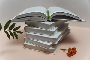 een stack van boeken Aan de tafel Aan een licht roze achtergrond, studie, terug naar school, bibliotheek foto