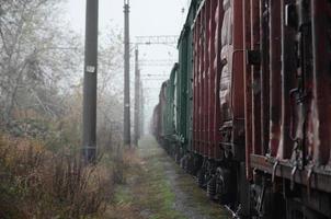 foto van de trein Aan regenachtig bewolkt weer met Ondiep diepte van veld-