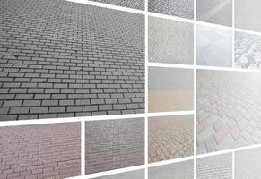 een collage van veel afbeeldingen met fragmenten van bestrating tegels detailopname. reeks van afbeeldingen met bestrating steen foto