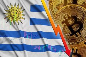 Uruguay vlag en cryptogeld vallend neiging met veel gouden bitcoins foto
