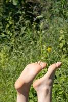 blootsvoets vrouw voeten koesteren in de zon Aan een heet zomer dag, tegen de backdrop van groen. vakantie concept. foto