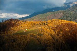 een charmant berg landschap in de bucegi bergen, Karpaten, Roemenië. herfst natuur in moeciu de zo, Transsylvanië foto