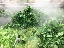 groen vers milieuvriendelijk vriendelijk Groenen van peterselie planten dille salade rucola uien en andere fabriek voedingsmiddelen met druppels van water en stoom- in de versheid kamer. achtergrond, structuur foto