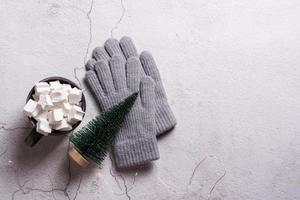 cacao met marshmallows, wollen handschoenen en een Kerstmis boom Aan gips. top visie. foto