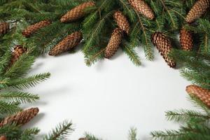 vakantie groet kaart of banier samenstelling met pijnboom boom takken. vrolijk Kerstmis achtergrond en gelukkig nieuw jaar 2023. foto