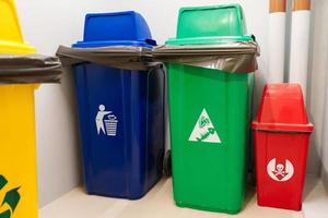 kleurrijk uitschot vuilnisbak, rood, groente, blauw en geel bak voor gevaarlijk, biologisch afbreekbaar, algemeen en recyclebaar afval. recycling beheer, verspilling segregatie, vuilnis en onzin concept foto