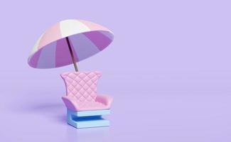 3d koffie tafel met roze paraplu of parasol, ruimte, sofa stoel geïsoleerd Aan Purper achtergrond. 3d geven illustratie foto