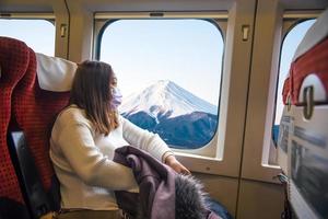 yong Aziatisch vrouw vervelend masker en Holding jasje zittend in de hoge snelheid trein terwijl op reis in Japan. foto